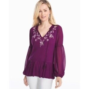 NWT White house black market Purple Embroidered boho flowy Women's Top‎